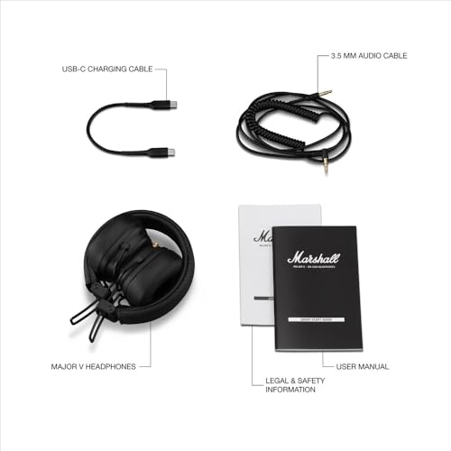 Marshall Major V Wireless On-Ear Bluetooth Headphones - 100+ Hr Playtime | Detachable Audio Cable | Microphone for Calls | Lightweight, Foldable Design for Travel - Black - color: Black
