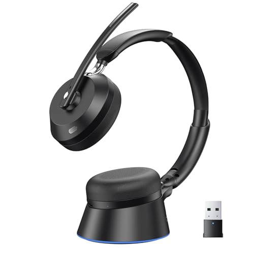 Wireless Headset with Mic for Work, Bluetooth Headset with Noise Cancelling Microphone, Charging Base & USB Computer Headset with Microphone for Call Center/Office/Home/PC/Laptop/Teams/Zoom