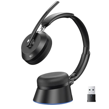 Wireless Headset with Mic for Work, Bluetooth Headset with Noise Cancelling Microphone, Charging Base & USB Computer Headset with Microphone for Call Center/Office/Home/PC/Laptop/Teams/Zoom