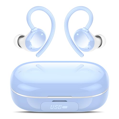 Ear buds Wireless Bluetooth Earbuds Sport 128H Playtime 2026 NEW Bluetooth 5.3 Headphones with LED Display Powerful Bass Over Ear Earphones with Earhooks IP7 Waterproof for Gym/Running/Workout - color: Sky blue