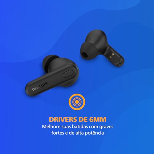 PHILIPS TAT1108 Wireless Earbuds,True Wireless Headphones,Powerful Bass with 6 mm Driver,Clear Call with AI Mic,15-Hour Battery Life,Bluetooth v5.3,IPX4 Rating,Ergonomic Design for Comfort,Black - size: With tips, style: T1108|Slim design
