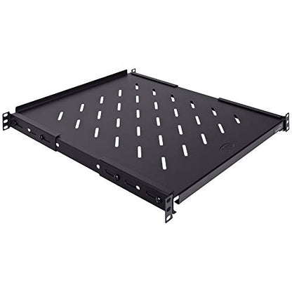 Vented 4-Post Shelf, Adjustable, Black, 550 mm Depth, 1U, 242 lbs, Cold Rolled Steel, CE Compliant - size: 22" Deep
