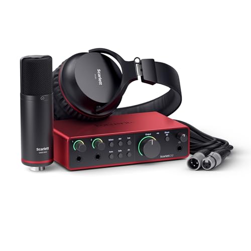 Focusrite Scarlett 2i2 Studio 4th Gen USB Audio Interface Bundle for the Songwriter with Condenser Microphone and Headphones for Recording, Streaming, and Podcasting | 2 Mic Preamps, 2 Hi-Z Inputs, Auto Gain, Clip Safe, Air Modes, CM25 MkIII Mic, SH-450 H
