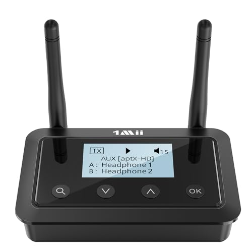 1Mii B03+ Bluetooth 5.3 Transmitter Receiver for TV Home Stereo | LCD Screen, aptX Adaptive/Low Latency/HD, Dual Link, Wireless Audio Adapter with Optical/RCA/3.5mm AUX, Soundbar Passthrough