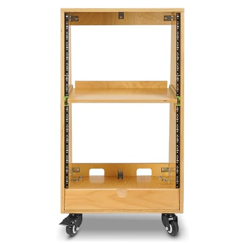 Sound Town DIY Slanted 16U Studio Rack (8U Top + 8U Lower), with 2U Bottom Storage, Slide-Out Tray, Caster, Plywood, Golden Oak for Recording Room, Home Studio (SDRK-ST16T) - size: 16U(8U Top + 8U Lower),Golden Oak
