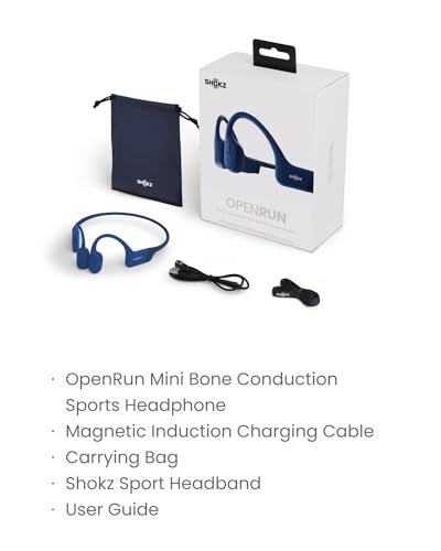 SHOKZ OpenRun Mini Bone Conduction Open-Ear Bluetooth Headphones, Blue | Bundle with Sweat Headband；Open ear comfort; Lightweight & Secure fit; IP67 water resistance; 8H battery; Running/Cycling - color: Blue, size: Mini Size+Magnetic Charging