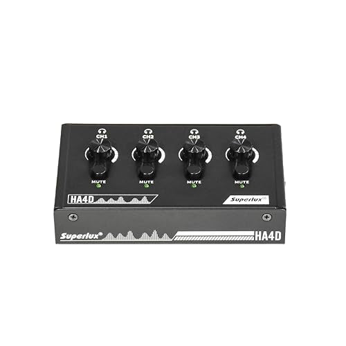 Superlux HA4D 4-Channel Headphone Amplifier, USB-C Power, Volume and Mute | For podcasts, classrooms and group recording; 4 independent 3.5mm outputs with volume and mute controls plus USB-C power.