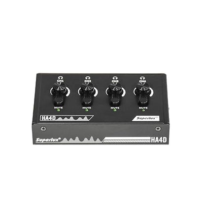 Superlux HA4D 4-Channel Headphone Amplifier, USB-C Power, Volume and Mute | For podcasts, classrooms and group recording; 4 independent 3.5mm outputs with volume and mute controls plus USB-C power.