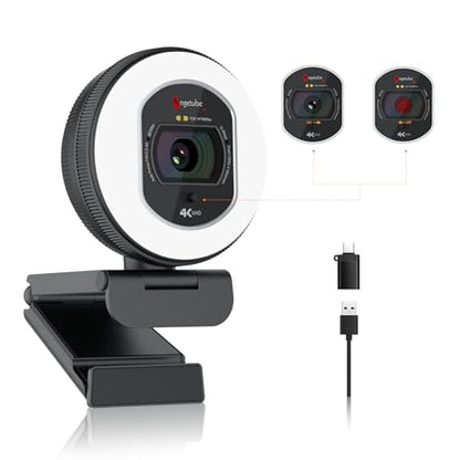 Angetube 4K Webcam with Light for PC, UHD Computer Web Camera for Desktop | TOF AutoFocus, 2 AI Noise Reduction Mics, 1080p@60FPS, USB Streaming Web Cam Built in Privacy Cover for Laptop Mac Zoom Teams - size: TOF 4K Webcam with Ring Light
