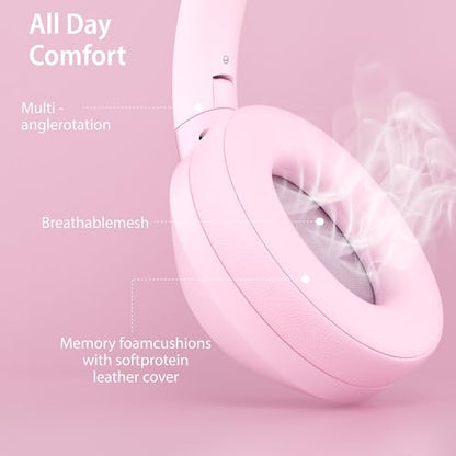 Active Noise Cancelling Headphones, 100H Playtime Headphone Wireless Bluetooth, Bluetooth Headphone with Microphone, Over Ear Wireless Headphones with Deep Bass,Fast Charging for Travel - color: Pink