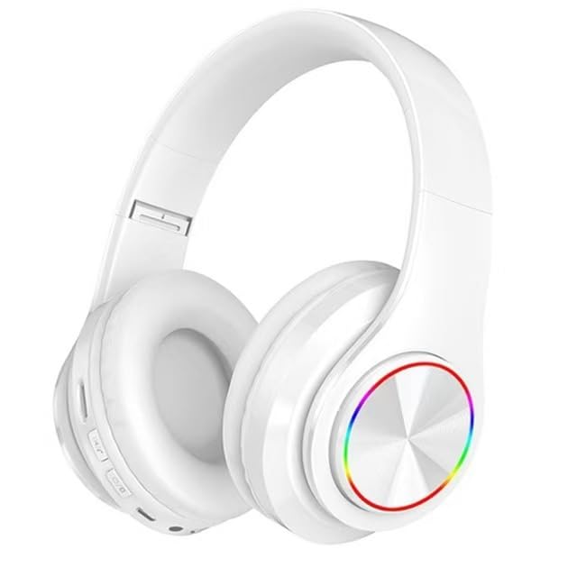 Over Ear Wireless Headphones with Noise Reduction, Mic Deep Bass HiFi Stereo, Foldable Lightweight LED Headset for PC Home Travel Office (White) - color: White