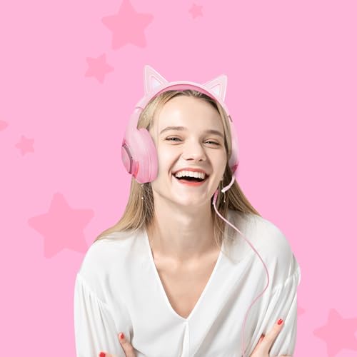 Cat Ear Gaming Headphones Wired AUX 3.5mm LED Headphones Over-Ear Headsets for Kids Girls with Microphone for PC, PS4, PS5, Switch, Xbox, Mobile, Mac, Laptop