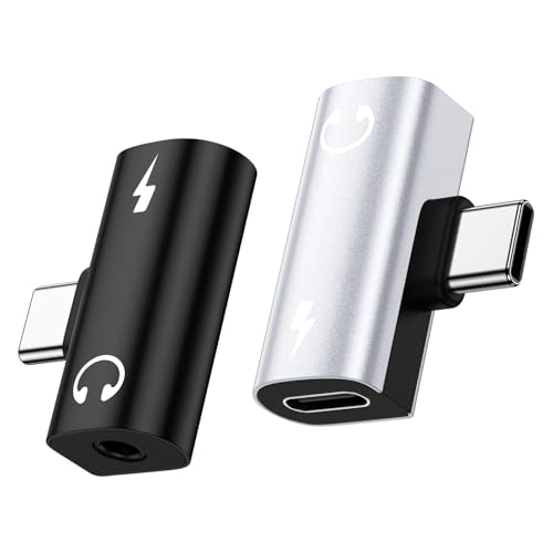 [2-Pack] 60W USB C to 3.5mm Adapter for Samsung Galaxy S26 Ultra, T-Shape | Right Angle 2-in-1 Type C to Aux Jack Dongle Charger with Hi-Fi DAC for iPhone 17/16/15 Pro Max, Galaxy S25/S24, Gaming & Car - color: Black&Silver