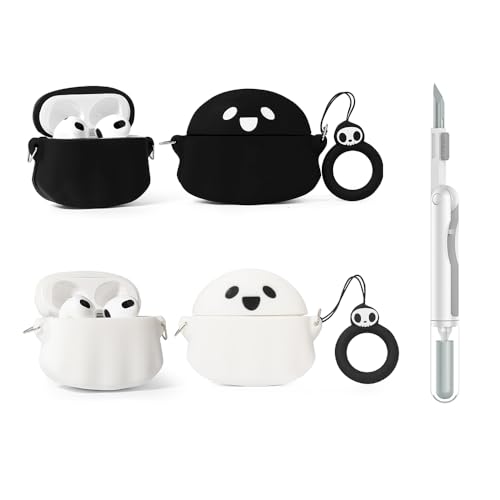 (2Pack+Cleaner Pen) XMBYGY Case for Apple AirPods 3rd Generation Wireless Earbuds with Cleaning Pen Kit, Silicone Cute Charging Case Shockproof Protective Cover and Carabiner for AirPods 3 (GTBK+WT) - color: GTBK+WT