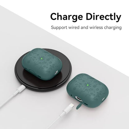 Compatible with AirPods Pro 2 Case USB C, Flower Engraved Cute Silicone Protective Case Cover for Airpods Pro 2nd Generation with Cleaner Kit and Lanyard for Women Girls (DarkGreen) - color: Darkgreen