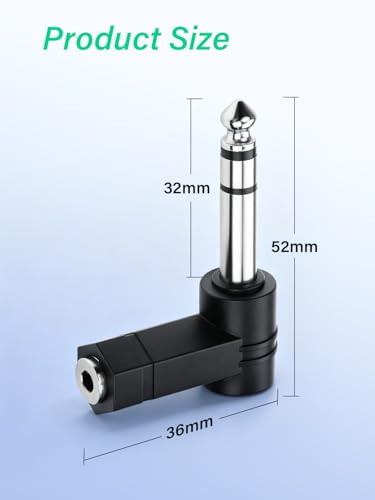 6.35mm Right Angle to 1/8" TRS Adapter,6.35mm 90 Degree Male to 3.5mm Female Stereo Audio Connector for Headphone, MP3, PC (2-Pack)