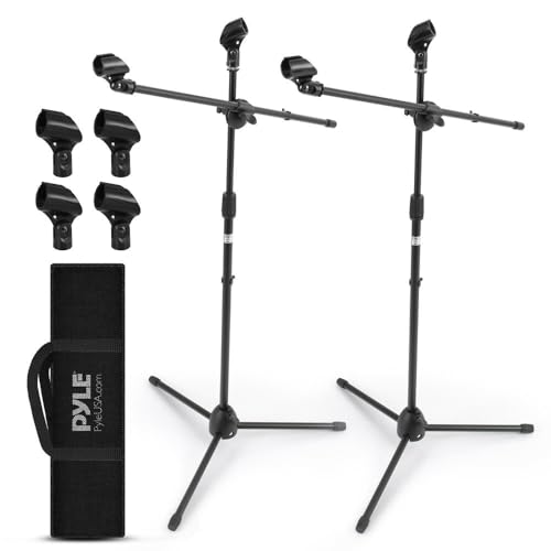 Pyle Universal Adjustable Tripod Microphone Stand - Pair of Heavy Duty Lightweight Professional Compact Extendable Stage Studio Floor Standing Boom Mic Holder w/ Carry Bag, 5/8" Adapter