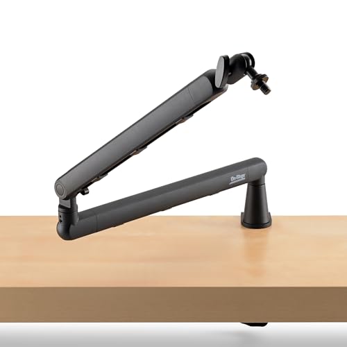 On-Stage MBS-LP1 Low-Profile Broadcast Boom Arm – Adjustable Mic Stand with 5/8" Thread, Cable Management, C-Clamp & Flange Mount – Quiet Hinges, 360° Swivel for Podcasting & Streaming