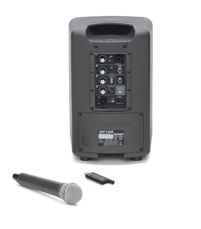 Samson Expedition XP106w 100 Watt Rechargeable Bluetooth Speaker with Wireless Handheld Microphone, Black | Key details: 100 watts with Bluetooth, Wireless HH mic (rechargable battery)
