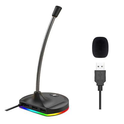 USB Computer Microphone with Mute Button and RGB Lighting,Plug&Play Mic for Conference,Gaming,YouTube,Desktop PC Mic for Mac/Window-Black-M8(3-Port Hub)