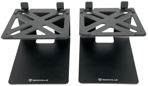 Rockville SR4 Speaker Riser Stands for 4" Desktop Speakers, Black, Pair | For Monitors, 5-Degree Tilt, 3mm Steel, 30 lb Capacity, Anti-Slip De-Coupling Pads, C-Shaped, 5" Height