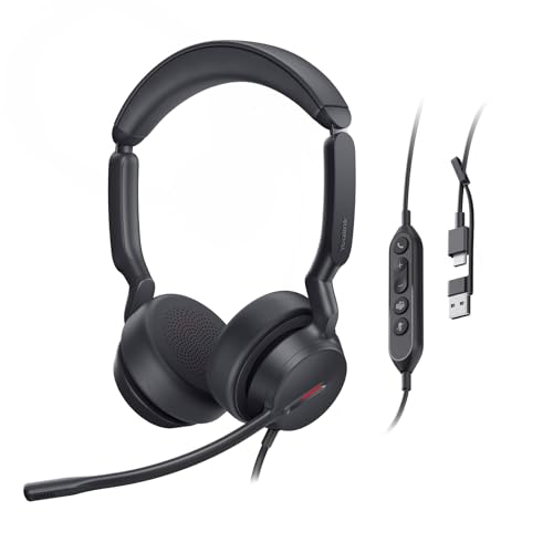 Yealink UH44 Wired USB Headset, Teams Certified, 2 Mics, USB-C/A | computer headset with microphone for pc laptop, inline controls, comfortable ear cushions, busy light, for call center office