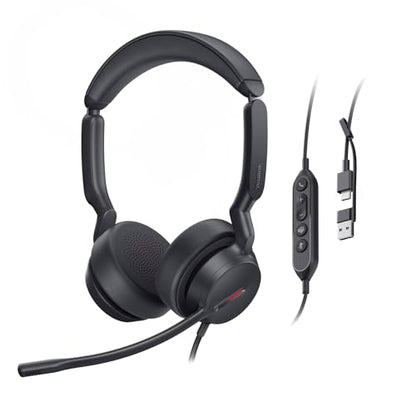 Yealink UH44 Wired USB Headset, Teams Certified, 2 Mics, USB-C/A | computer headset with microphone for pc laptop, inline controls, comfortable ear cushions, busy light, for call center office