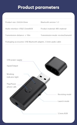 Bluetooth 5.3 Transmitter/Receiver, 3.5 mm Auxiliary Wireless USB Adapter | Low latency, built-in microphone, hands-free calling, no drivers required—suitable for TVs, computers and speakers