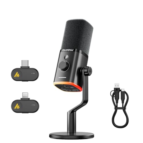 MAONO PD100W Wireless Microphone for iPhone, Android Phone,PC,Desktop Mic with USB-C/Lightning Receiver for Content Creator Recording,Podcasting,Gaming Streaming