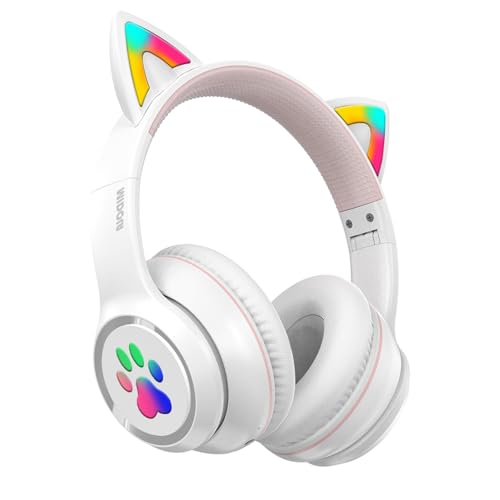 Bluetooth Headphones Wireless Cat Ear 60H/8H with LED Light Mic White | Adjustable Headband Foldable Over-Ear Headset for Kids/Tablet/iPad/Laptop,HD Stereo Sound,Aux Aux 3.5mm - color: White