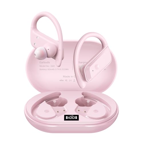Wireless Earbuds Sport Bluetooth 5.4 Headphones with Earhooks, 48H Playtime, LED Display, Low Latency Game Mode, IPX7 Waterproof Over-Ear Earphones for Running Gym Gaming - color: Pink