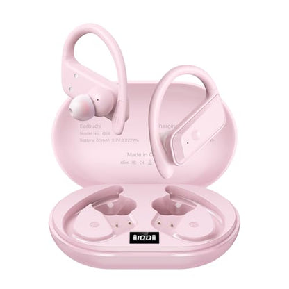 Wireless Earbuds Sport Bluetooth 5.4 Headphones with Earhooks, 48H Playtime, LED Display, Low Latency Game Mode, IPX7 Waterproof Over-Ear Earphones for Running Gym Gaming - color: Pink
