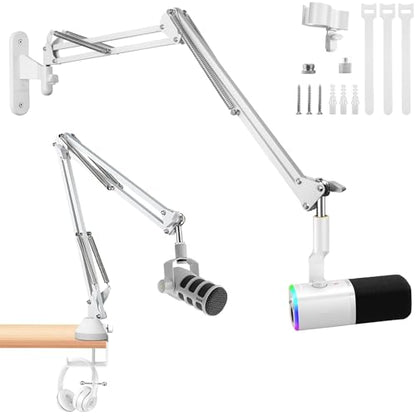 White Mic Wall Mount and Microphone Boom Arm Desktop Clamp Stand compatible with Shure FIFINE Blue Yeti,Razer,HyperX Mic Kit for Broadcasting, Podcasts,Streaming and Gaming