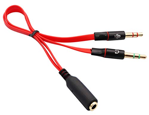 3.5mm AUX Headphone Y Splitter Cable 4-Pole 3.5mm AUX Female to 3-Pole 2x3.5mm Male Headset Mic & Stereo Audio Cable for PC Computer and Old Version Laptop Y Audio Flat Cable (20CM) (Red) - color: Red