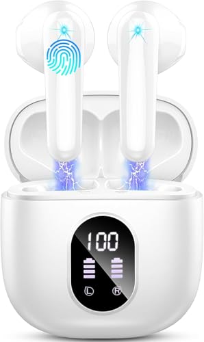Wireless Earbuds, Bluetooth 5.4 Headphones 50H Playback Bass Stereo Ear Buds with 4 ENC Cancelling Mics, in-Ear Earphones with LED Display, IP7 Waterproof USB-C for Laptop Pad Phones Workout Rose Gold - color: pure white