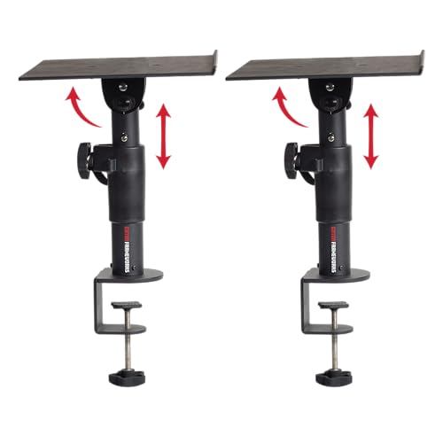 Gator Frameworks Set of 2 Clamp On Desktop Studio Speaker Stands | Height and Tilt Adjustable with 12 x 9" EVA-lined platforms & 60 lbs. Weight Capacity (GFWSPKSTMNDSKCMP) - style: Desktop Mounted