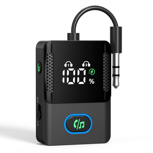 Bluetooth Transmitter Receiver for Airplane, TVs, 2 in 1 Wireless Bluetooth 5.3 Adapter Compatible with 2 Headphones, Cell Phones, 3.5mm AUX Jack Car Transmitter with LED Digital Display - color: Black