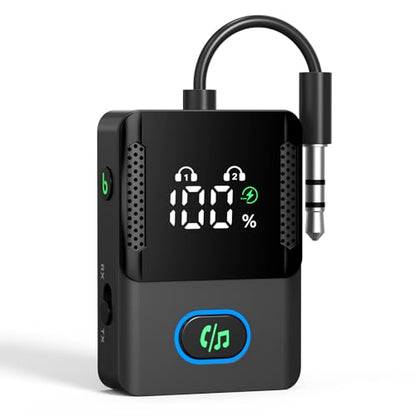 Bluetooth Transmitter Receiver for Airplane, TVs, 2 in 1 Wireless Bluetooth 5.3 Adapter Compatible with 2 Headphones, Cell Phones, 3.5mm AUX Jack Car Transmitter with LED Digital Display - color: Black
