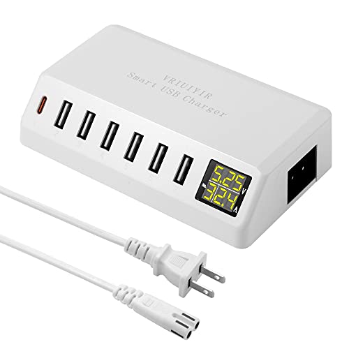 USB Charging Station, 60W/12A 7-Port USB Charger Station with LED Display for Multiple Devices PD20W USB C Charger for All iPad iPhone14/13/12 Pixel Galaxy Tablet Headphones and More (White) - color: White