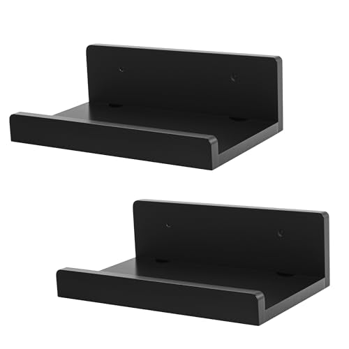 Floating Wall Shelves Set of 2, 12-Inch Solid Wood Shelves with Cable Holes, Small Display Shelf for Router, Webcam, Smart Speaker, Camera – Black - color: Black, size: 12 Inch-2 Pcs