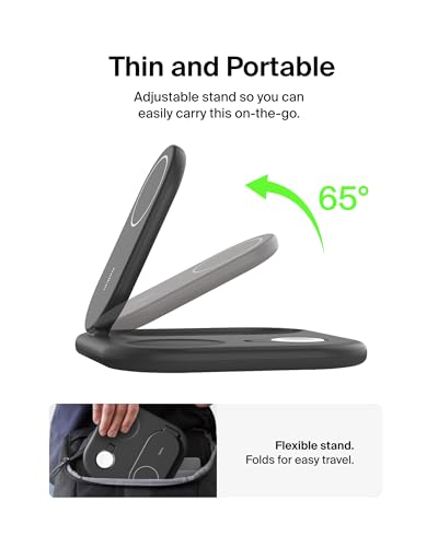 Belkin Qi2 Magnetic Wireless Charging Station, 3 in 1 Foldable Charger | MagSafe compatible, Apple Watch, AirPods, Qi2 certified, wireless charging station, travel stand - color: Black