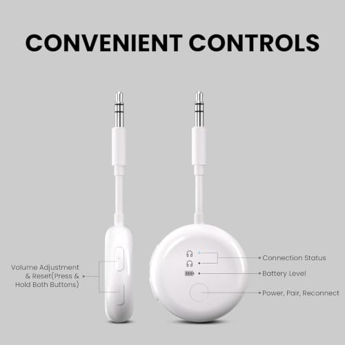 Avantree SoundJet R1 - Airplane Bluetooth Adapter for AirPods, 25H | Qualcomm aptX Adaptive & HD, dual-headphone pairing, 25-hour battery, USB-C charging, and single/dual airline plugs - color: 1. White