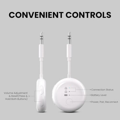 Avantree SoundJet R1 - Airplane Bluetooth Adapter for AirPods, 25H | Qualcomm aptX Adaptive & HD, dual-headphone pairing, 25-hour battery, USB-C charging, and single/dual airline plugs - color: 1. White