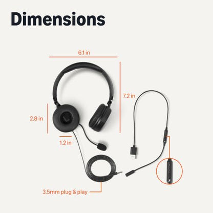 Amazon Basics On Ear Wired Computer Headset with Adjustable Microphone, 3.5mm Port or in-Line Control with USB-A Port, Foldable, Clear Sound, Small/Medium Size, Black - size: One Size, style: Wired