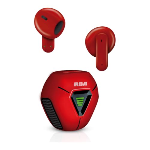 RCA Wave-78 True Wireless Earbuds, Bluetooth 5.2 Headphones with Microphone, Charging Case, 20H Playtime, Hi-Res Audio, Sweat Resistant, Compact in-Ear Design, Noise Cancelling, Red - color: Red