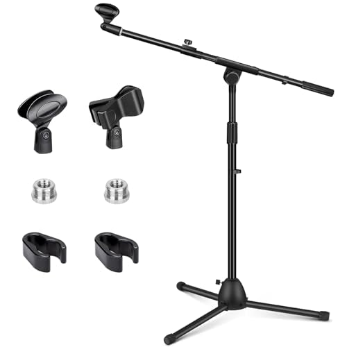 CAHAYA Mic Stand Heavy-Duty Super Resistent Tripod Boom Height Adjustable | Universal Microphone Arm Stand with 2 Mic Clips 3/8" to 5/8" Adapter for Most Mics for Singing Wedding Performance Podcast