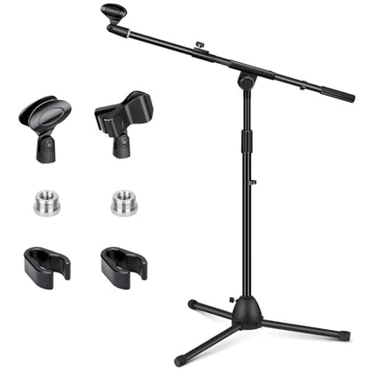 CAHAYA Mic Stand Heavy-Duty Super Resistent Tripod Boom Height Adjustable | Universal Microphone Arm Stand with 2 Mic Clips 3/8" to 5/8" Adapter for Most Mics for Singing Wedding Performance Podcast