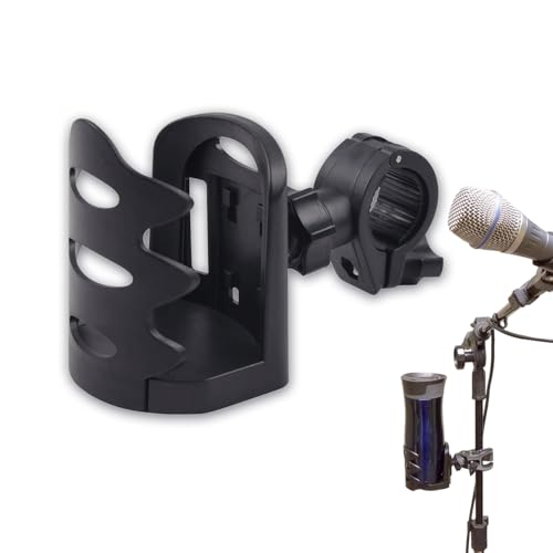 BRBASAP Stand Cup Holder Clamp Attachment Microphone Stand Adjustable Water Bottle Drink Caddy Mount for Music Handle Bar Pole or Gaming Chair Motorcycle Desk with Clip and Luggage Attachment, balck
