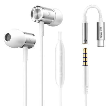 ENC 노이즈 캔슬링 유선 이어버드, USB 타입 C - 3.5mm 어댑터가 있는 하이브리드 드라이버 유선 헤드폰, 마이크 핸즈프리 통화 3.5mm 잭 인이어 헤드폰 아이폰 16/15/삼성/PC용 - color: 화이트+타입 C 어댑터
