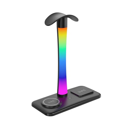 Headphone Stand with Wireless Charger,Gaming Headset stand with RGB Light Mode,For Airpod Max Stand Compatible with Airpod Pro/3/2,For iPhone 17/16/15/14/13/12/11,Gifts for Gamers & Music Lover(Black) - color: Black